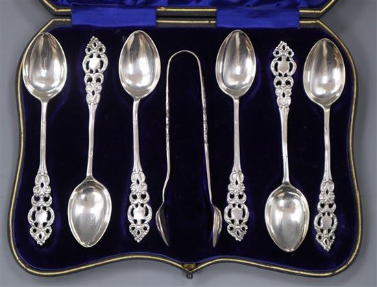 A cased set of six Edwardian silver teaspoons and pair of sugar tongs.
